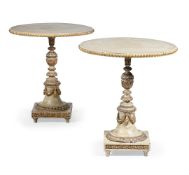 A MATCHED PAIR OF PARCEL GILT AND PAINTED OCCASIONAL TABLES, IN 18TH CENTURY CONTINENTAL STYLE