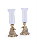 A PAIR OF BRASS MOUNTED SIMULATED IVORY EAGLE BASE STORM LANTERNS, HOUY POUIGA