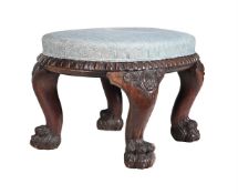 Y A LARGE ANGLO-INDIAN CARVED HARDWOOD AND FORTUNY UPHOLSTERED STOOL, MID 19TH CENTURY