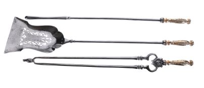 A SET OF THREE VICTORIAN STEEL AND BRONZE HANDLED FIRE TOOLS, MID 19TH CENTURY