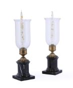 A PAIR OF GILT METAL MOUNTED GLASS SHADE STORM LANTERNS, MODERN