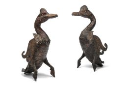 A PAIR OF CARVED WOOD AND PIERCED METAL MODELS OF DUCKS, 20TH CENTURY
