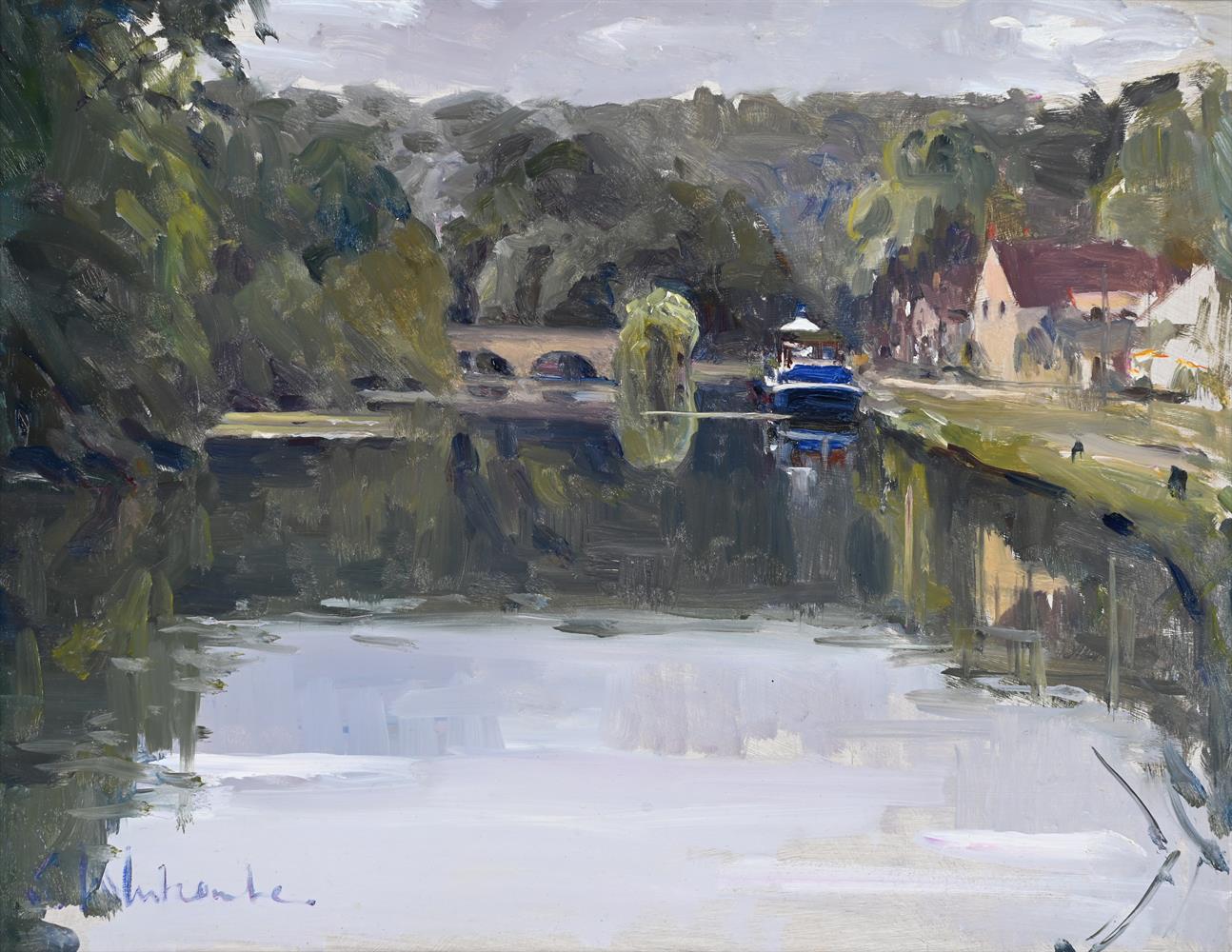 λ SUSIE WHITCOMBE (BRITISH B. 1957), BARGING, LES SAUSSOIS BY THE YONNE (PATRICIA IN THE RAIN) - Image 2 of 3