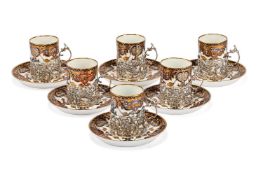 A ROYAL CROWN DERBY SILVER-MOUNTED IMARI PATTERN COFFEE SET WITH FITTED BOX, CIRCA 1904
