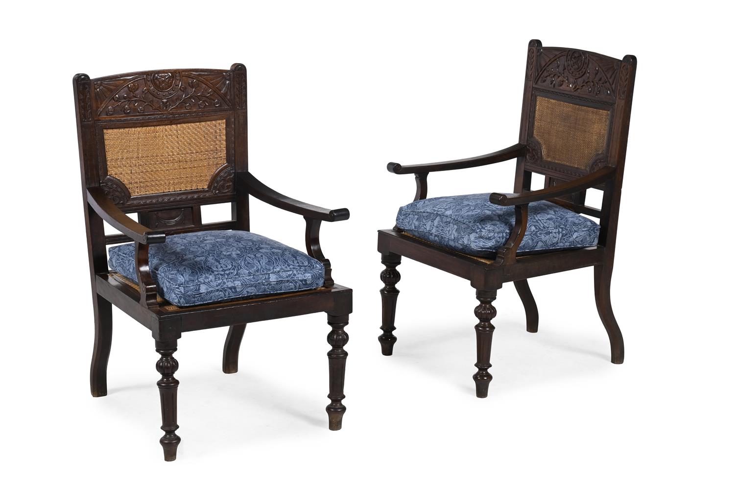 Y A PAIR OF ANGLO-INDIAN HARDWOOD, POSSIBLY PALMWOOD, AND CANEWORK ARMCHAIRS, CIRCA 1900