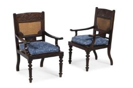 Y A PAIR OF ANGLO-INDIAN HARDWOOD, POSSIBLY PALMWOOD, AND CANEWORK ARMCHAIRS, CIRCA 1900