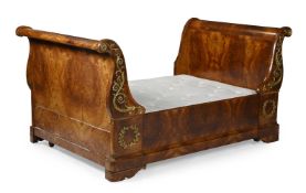 A LOUIS PHILIPPE AMBOYNA AND GILT METAL MOUNTED SLEIGH BED, MID 19TH CENTURY