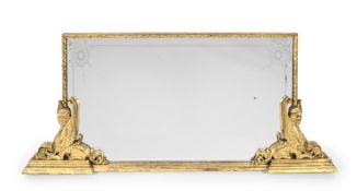 A LARGE GILTWOOD OVERMANTEL MIRROR, IN THE EGYPTIAN REVIVAL STYLE, LATE 19TH OR EARLY 20TH CENTURY