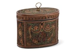 A GEORGE III MAHOGANY AND ROLLED PAPER TEA CADDY, CIRCA 1790