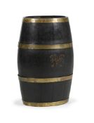 AN OAK AND BRASS BOUND BARREL STICK STAND OR LOG BIN, MADE FROM BRITISH BATTLESHIP TIMBERS
