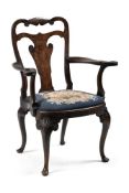 A WALNUT OPEN ARMCHAIR IN GEORGE III STYLE, EARLY 20TH CENTURY