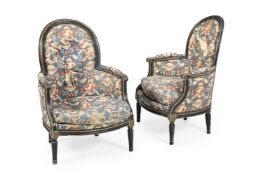 A PAIR OF GREEN PAINTED AND PARCEL GILT BERGERES, IN LOUIS XV STYLE, 20TH CENTURY