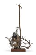 A SMOKED QUARTZ AND WROUGHT IRON TABLE LAMP, DATED 1983