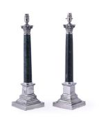 A PAIR OF WHITE METAL MOUNTED MARBLE LAMP BASES, MODERN