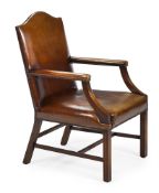 A BROWN LEATHER UPHOLSTERED GAINSBOROUGH ARMCHAIR, 19TH CENTURY
