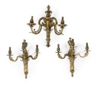 THREE FRENCH GILT METAL THREE BRANCH WALL LIGHTS, IN LOUIS XV MANNER, 20TH CENTURY
