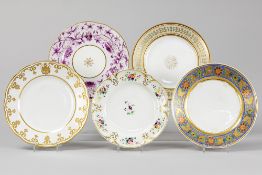 five antique Russian plates in porcelain from the Imperial Manufacture of St. Petersburg: four