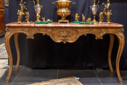 19th Cent. French Louis XV style console in partly gilded and sculpted wood with its original marble