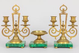 antique Russian 3pc set in gilded bronze on malachite bases with a pair of small candelabra and a