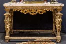 18th Cent. presumably French Louis XIV style console in richly sculpted and polychromed wood with