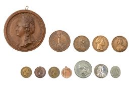 antique Russian terracotta medallion with Catharina the Great and 11 Russian medals Lot met een