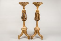nice pair of antique neoclassical pedestals in polychromed wood with finely sculpted festoons of