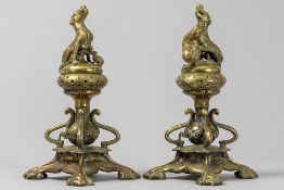 pair of 19th Cent. French Adolphe Victor Geoffroy-Dechaume signed chenets in bronze GEOFFROY