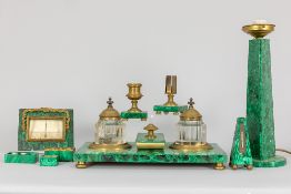 antique presumably Russian desk set (9 pcs) in malachite and gilded bronze amongst which a lamp