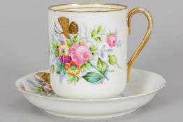 antique Russian big cup with its saucer in "M.S. Kuznetsov" marked porcelain with a floral