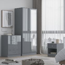 MIRRORED GREY HIGH GLOSS BEDROOM FURNITURE SET - 2 DOOR WARDROBE CHEST BEDSIDE