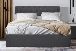FREE DELIVERY - GAS LIFT OTTOMAN WITH BUTTON HEADBOARD - SUPER KING - GREY(MTOSB-00223-3)