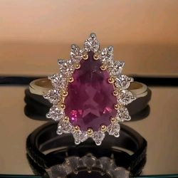 PEAR PINK TOURMALINE 7 0.30CT DIAMOND RING. 18CT YELLOW GOLD SIZE N INSUR VALUE CERTIFICATED £2490