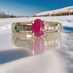 OVAL RUBY & DIAMOND RING 9CT YELLOW GOLD/SIZE J + GIFT BOX + VALUATION CERTIFICATE OF £1495