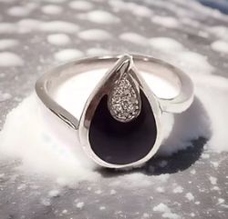BLACK CERAMIC & 0.10CT DIAMONDS RING 925 SILVER/SIZE L
