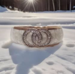 CERAMIC & 0.10CT DIAMOND CREAM & ROSE /STERLING SILVER/SIZE N