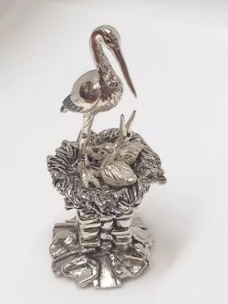 SATURNO SILVER AND ENAMEL STORK ON CHIMNEY - FULLY HALLMARKED STERLING SILVER