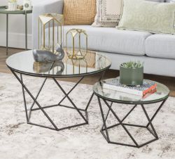 1 X EDEN BRIDGE DESIGNS SET OF 2 NESTING TABLES GEOMETRIC DESIGN, GLASS, BLACK RRP £299.99