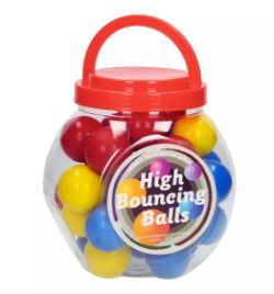 210 HIGH BOUNCING BALLS, 7 BOXES OF 30, ASSORTED COLORS, £0.2 PER BALL