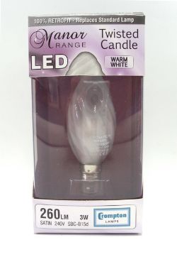 200 X LED TWISTED CANDLE BULB 3W SBC-B15D W.WHITE SATIN
