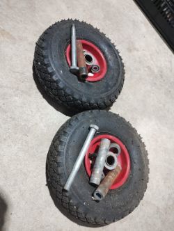 PAIR OF BRAND NEW RED WHEELS WITH NEW TYRES AND BOLTS AND BEARINGS - 3.00 260 X 85 - NO BOX