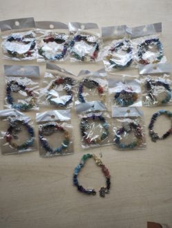 CHAKRA BUDDHA CHIP CHRYSTAL CHAIN BRACELET - NEW IN ORIGINAL PACKAGING- JOBLOT OF 16