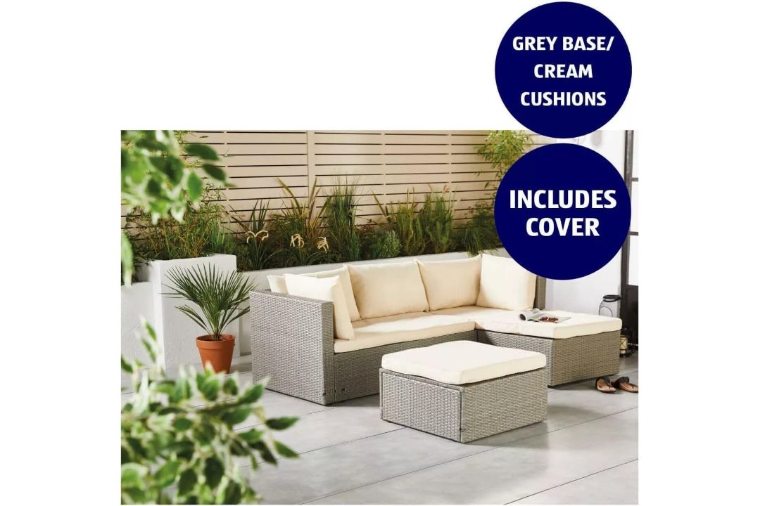PALLET TO CONTAIN 4 X NEW & BOXED LUXURY GREY & CREAM CORNER SOFA SET. SOAK IN THE SUN AND FEEL THAT - Image 1 of 6