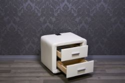 WHITE LEATHER BEDSIDE WITH BUILT IN RECHARGEABLE POP UP BLUETOOTH SPEAKER