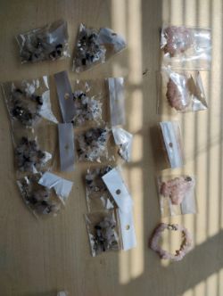 ROSE QUARTZ AND RUT QUARTZ -CROSS CHIP CRYSTAL BRACELETS - NEW IN ORIGINAL PACKAGING - JOBLOT OF 14