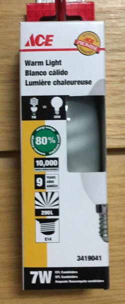 284X ACE 7W CFL CANDELABRA ENERGY SAVING LIGHT BULBS - WARM LIGHT