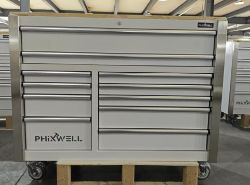 PHIXWELL 2025 UNUSED STAINLESS STEEL 4.5FT WORKBENCH WITH WOODEN TOP, 11 DRAWERS, CASTOR WHEELS