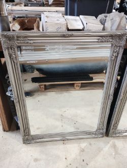 X2 SILVER ORNATE WOODEN MIRRORS 740X940MM – USED, SLIGHT DAMAGE TO TOP LEFT OF BOTH FRAMES