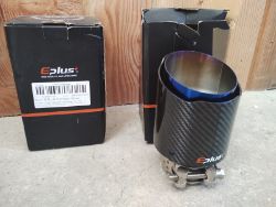 2X EPLUS 67-101MM GLOSS BLACK CARBON EXHAUST TIPS, NEW.
