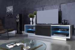 BLACK ON WHITE TV STAND WITH GLASS SHELVES AND LED LIGHTS