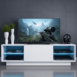 WHITE TV STAND WITH GLASS SHELVES AND LED LIGHTS